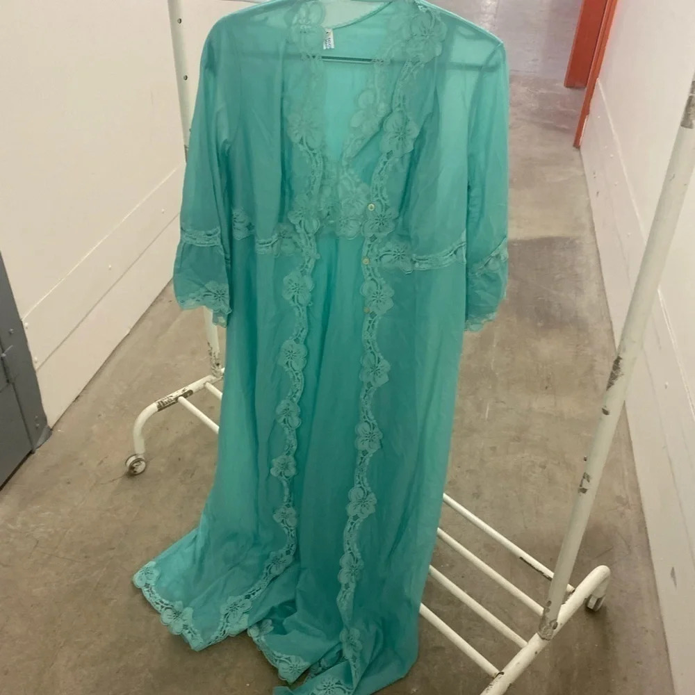 Vintage  coquette green fairy nightgown‎ and robe maxi nylon